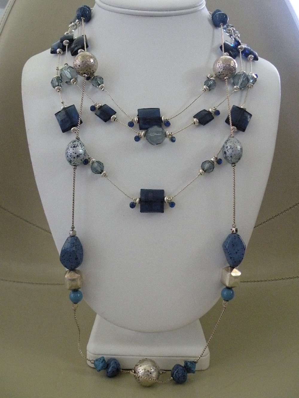 Pair Blue & Silver Beads Floating Illusion Necklaces Crystals Foil Silver Tone